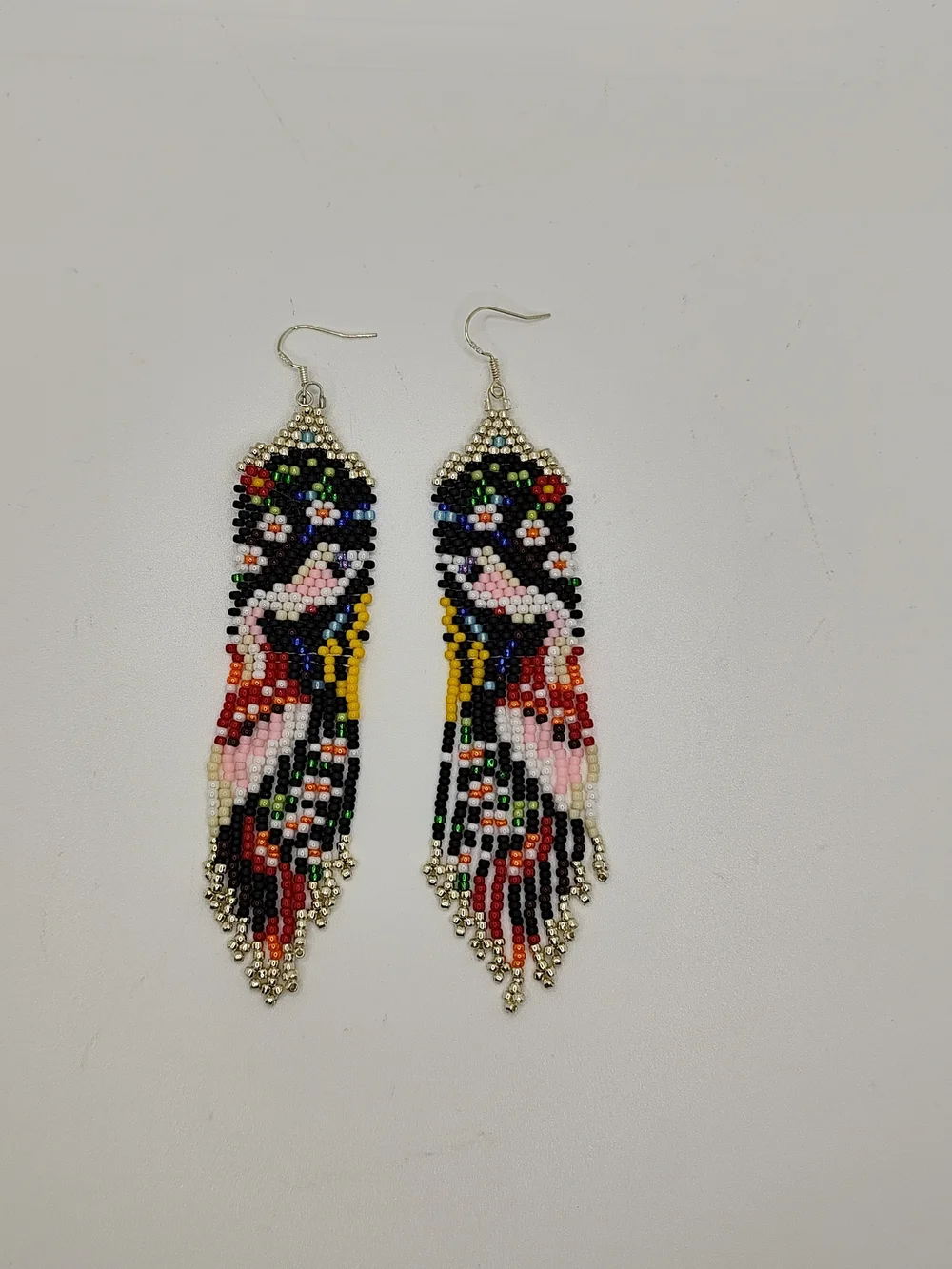 Handmade Multicolor Beaded Fringe Earrings — Bird Motif